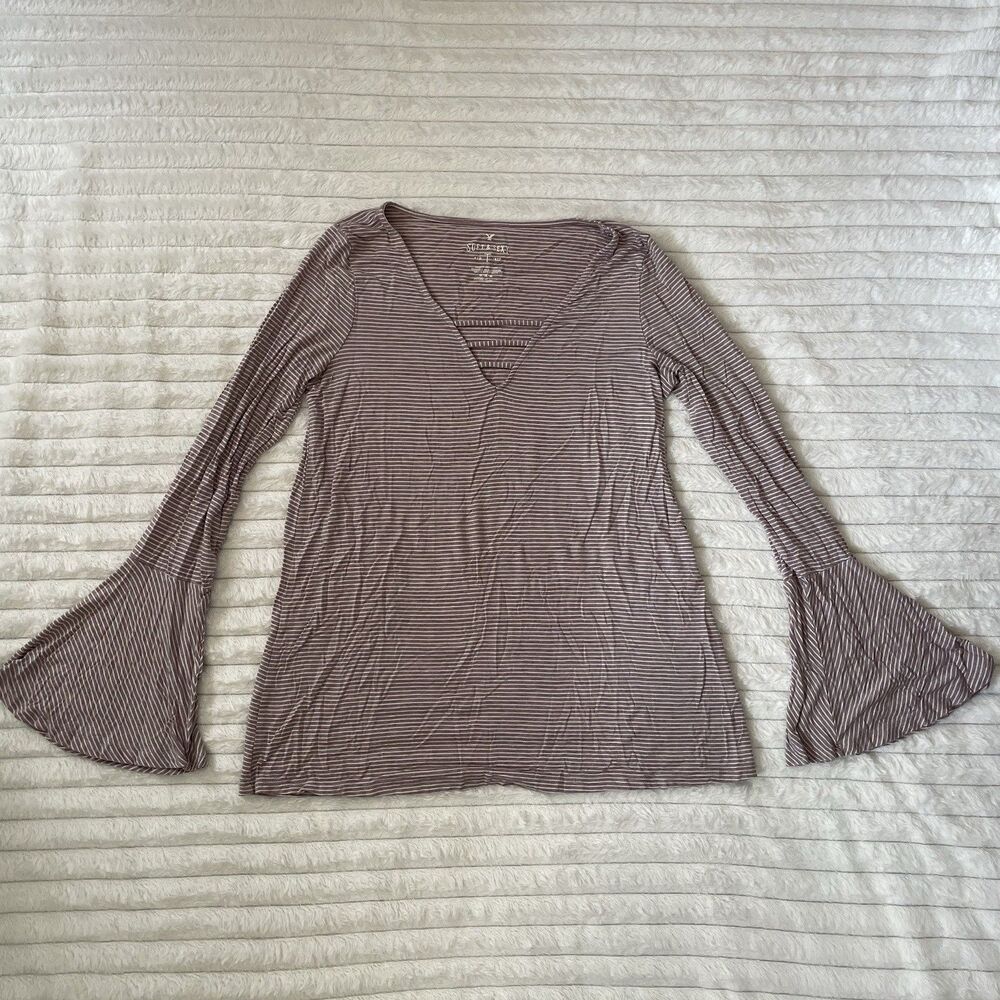 Women's American Eagle Soft & Sexy Long Sleeve Medium Purple Stripe Bell Sleeve